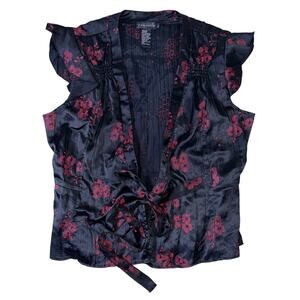 Vintage Rampage Y2K Black Red Floral Flutter Sleeve Tie Front Top - Large